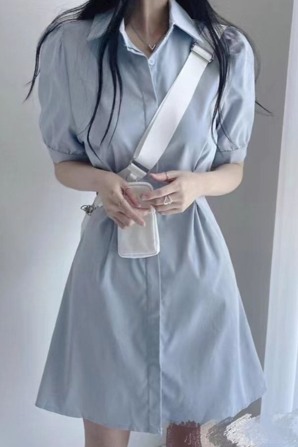 藍色polo領襯衫連衣裙女2025夏季法式短裙收腰顯瘦a字短袖裙