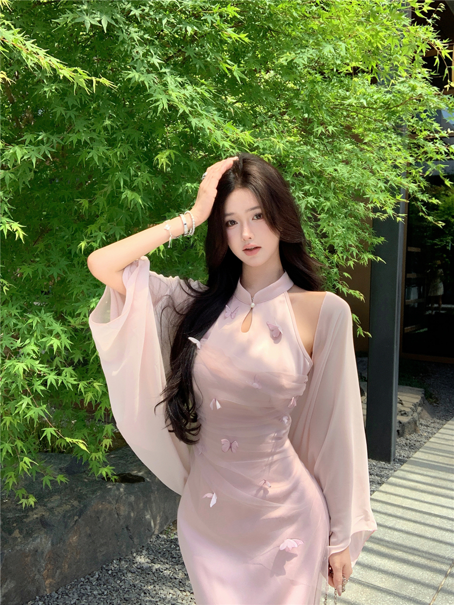 實拍復古性感新中式旗袍拼接網紗蝴蝶顯瘦包臀連衣裙女+防曬開衫