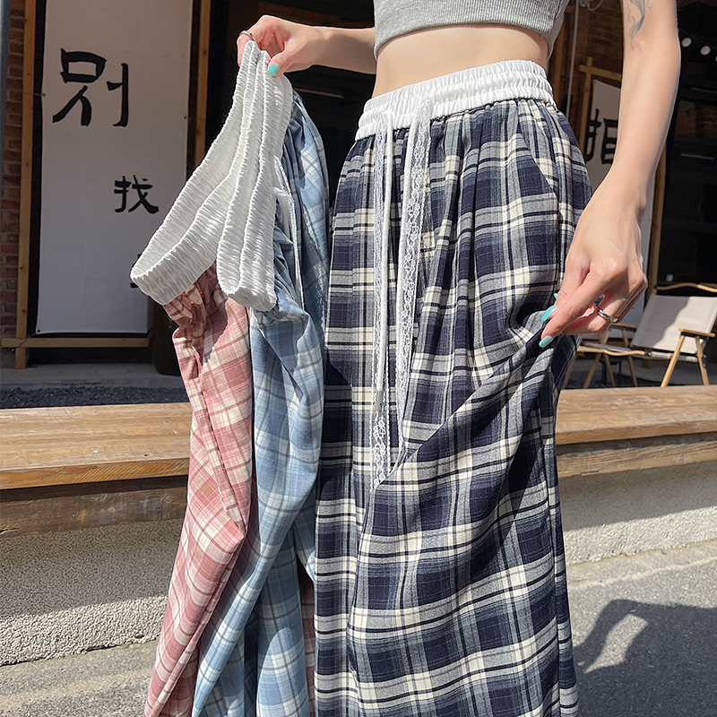 實拍蕾絲抽繩格子闊腿褲女2026夏季高腰垂感慵懶風寬松休閑拖地褲