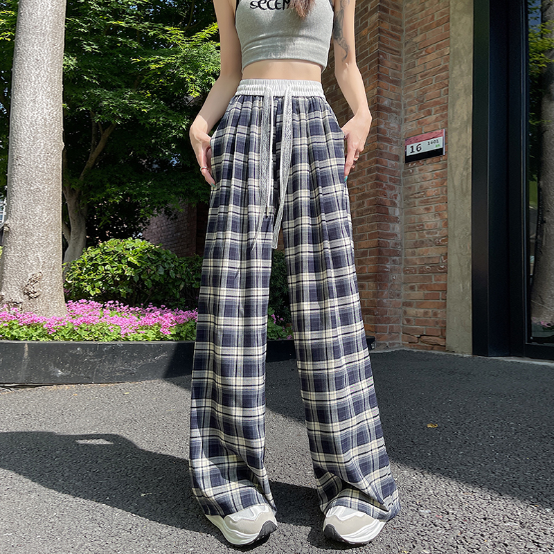 實拍蕾絲抽繩格子闊腿褲女2026夏季高腰垂感慵懶風寬松休閑拖地褲