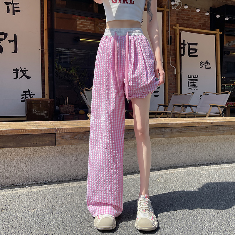 實拍防曬格子闊腿褲女2026夏季高腰垂感慵懶風寬松休閑褲拖地褲子