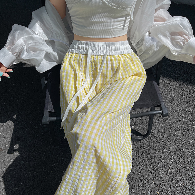 實拍防曬格子闊腿褲女2026夏季高腰垂感慵懶風寬松休閑褲拖地褲子