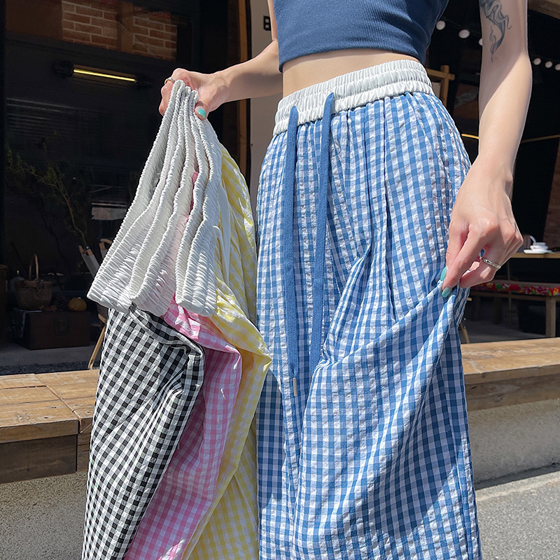 實拍防曬格子闊腿褲女2026夏季高腰垂感慵懶風寬松休閑褲拖地褲子