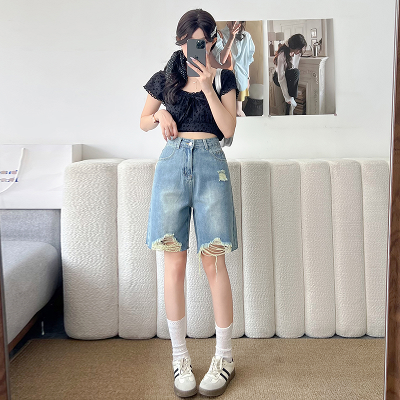 美式復古藍色牛仔短褲女2026新款設計感破洞顯瘦直筒五分褲闊腿褲