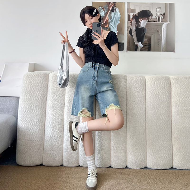 美式復古藍色牛仔短褲女2026新款設計感破洞顯瘦直筒五分褲闊腿褲