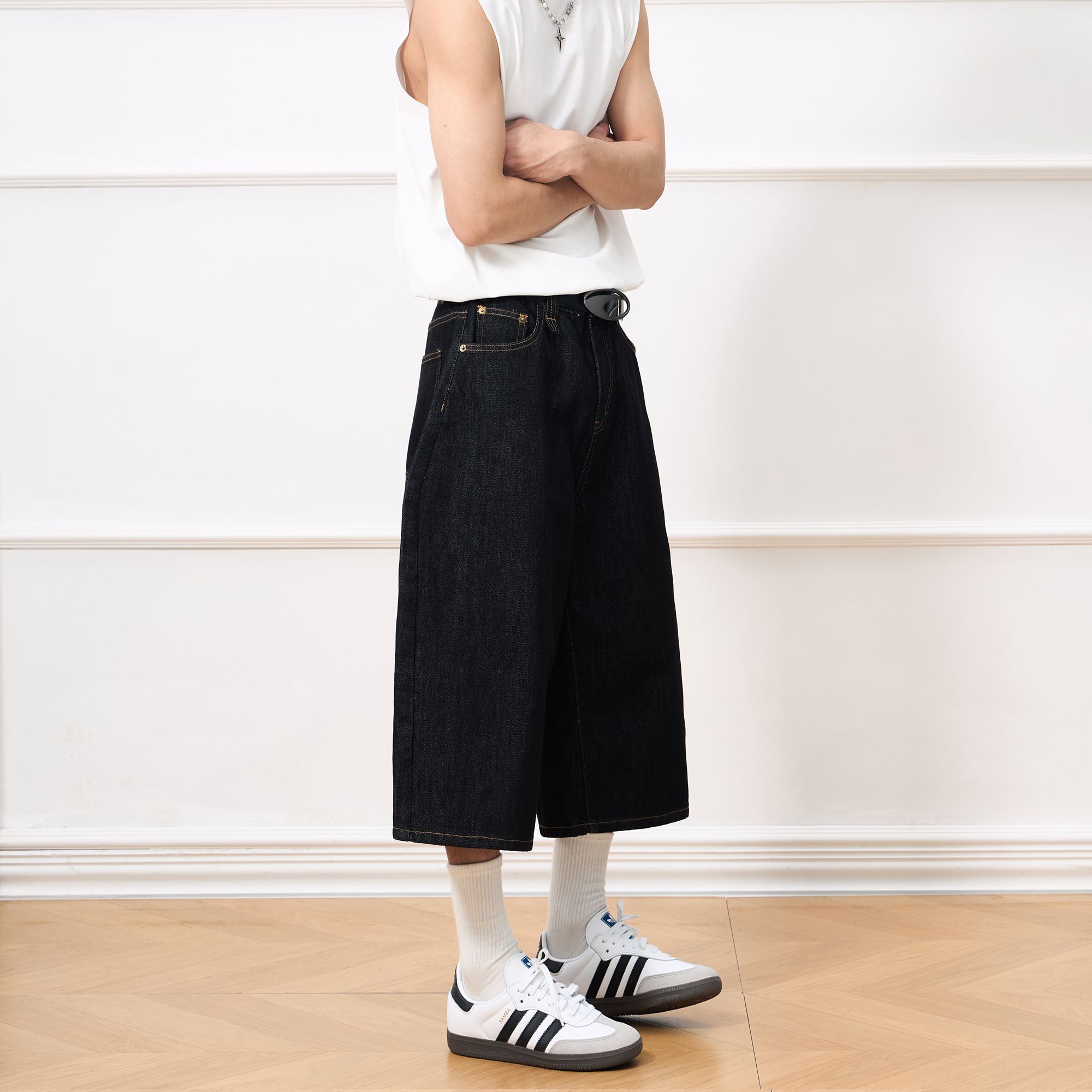 美式復古夏季新款原牛色牛仔七分褲不掉色男女街頭寬松闊腿短褲潮