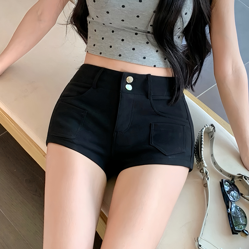 實拍復古高腰雙扣豐臀彈力短褲女2025夏百搭顯瘦顯腿長蜜桃臀熱褲