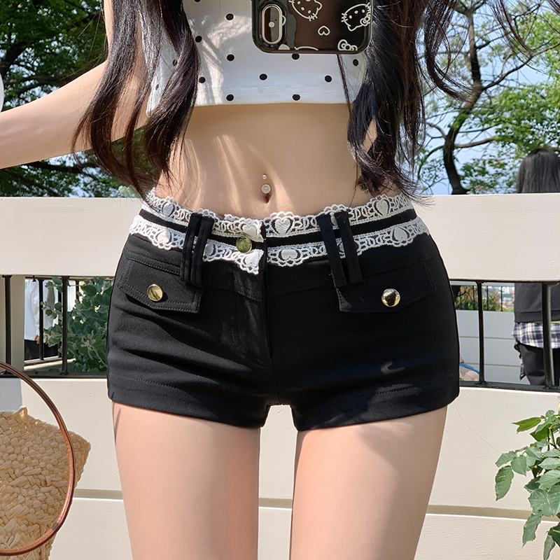 實拍法式蕾絲拼接豐胯黑色短褲女2025夏季新款低腰緊身包臀褲熱褲