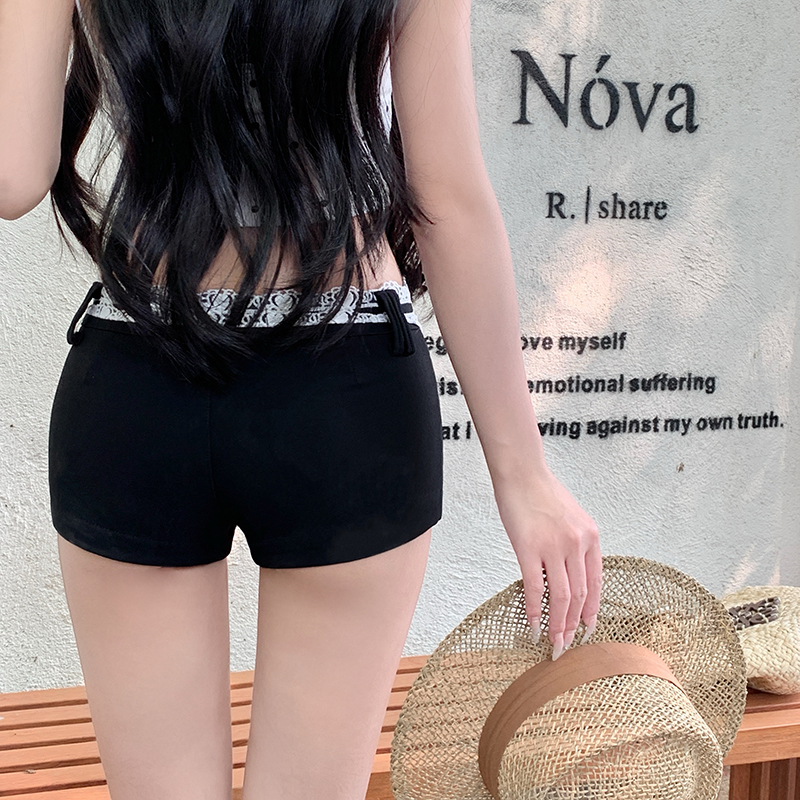 實拍法式蕾絲拼接豐胯黑色短褲女2025夏季新款低腰緊身包臀褲熱褲