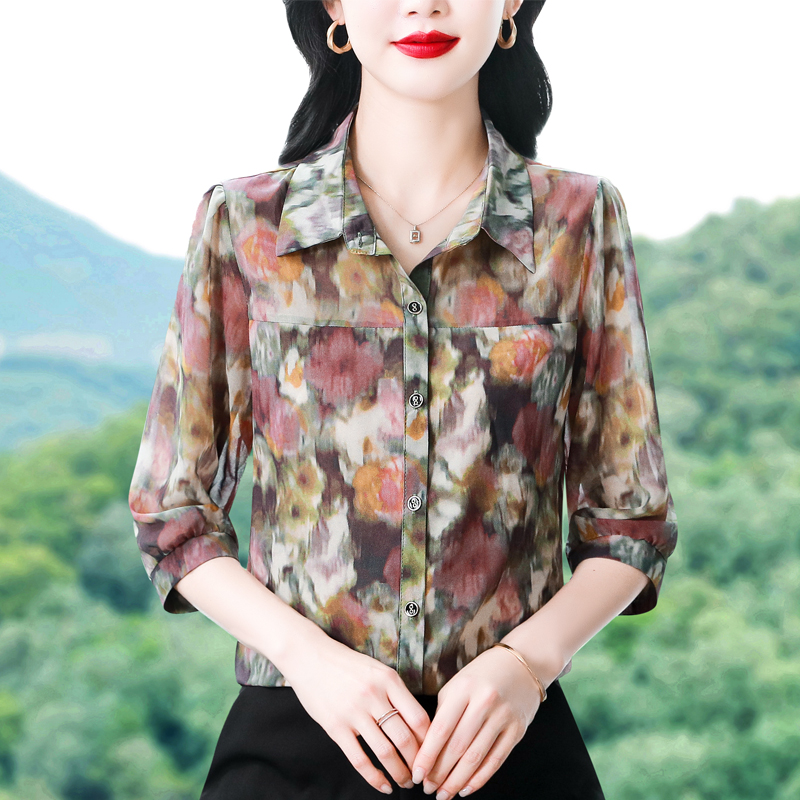 實拍 2026夏季新款減齡七分袖印花襯衫氣質大碼洋氣女小衫