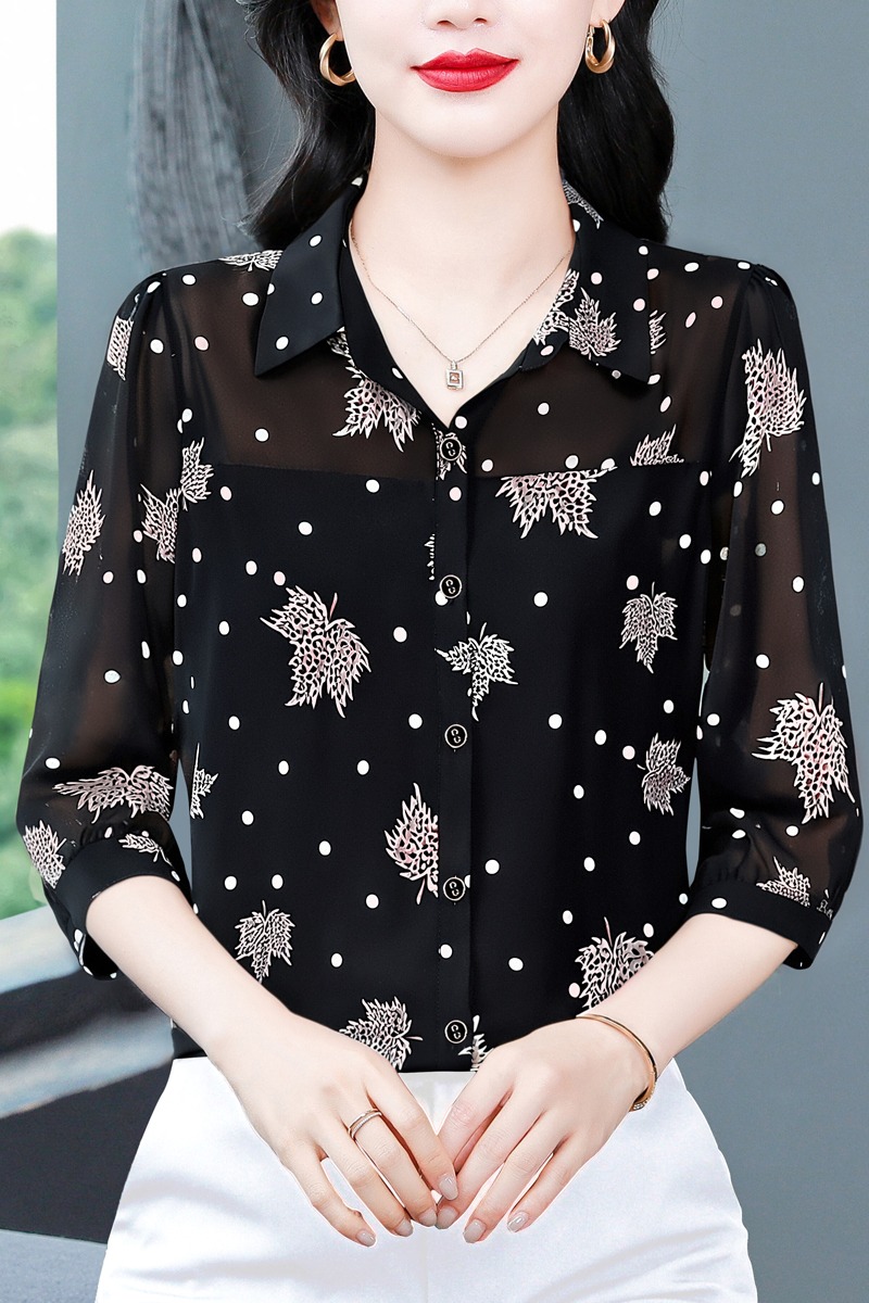 實拍 2026夏季新款減齡七分袖印花襯衫氣質大碼洋氣女小衫