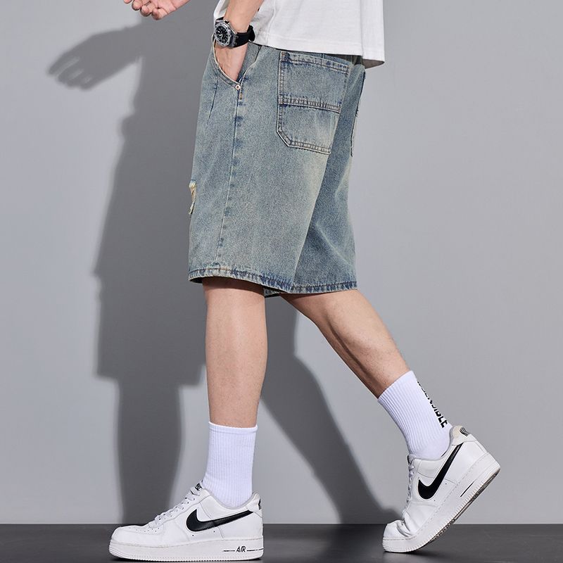 實拍2025夏季新款美式潮牌破洞牛仔短褲男百搭休閑五分褲男