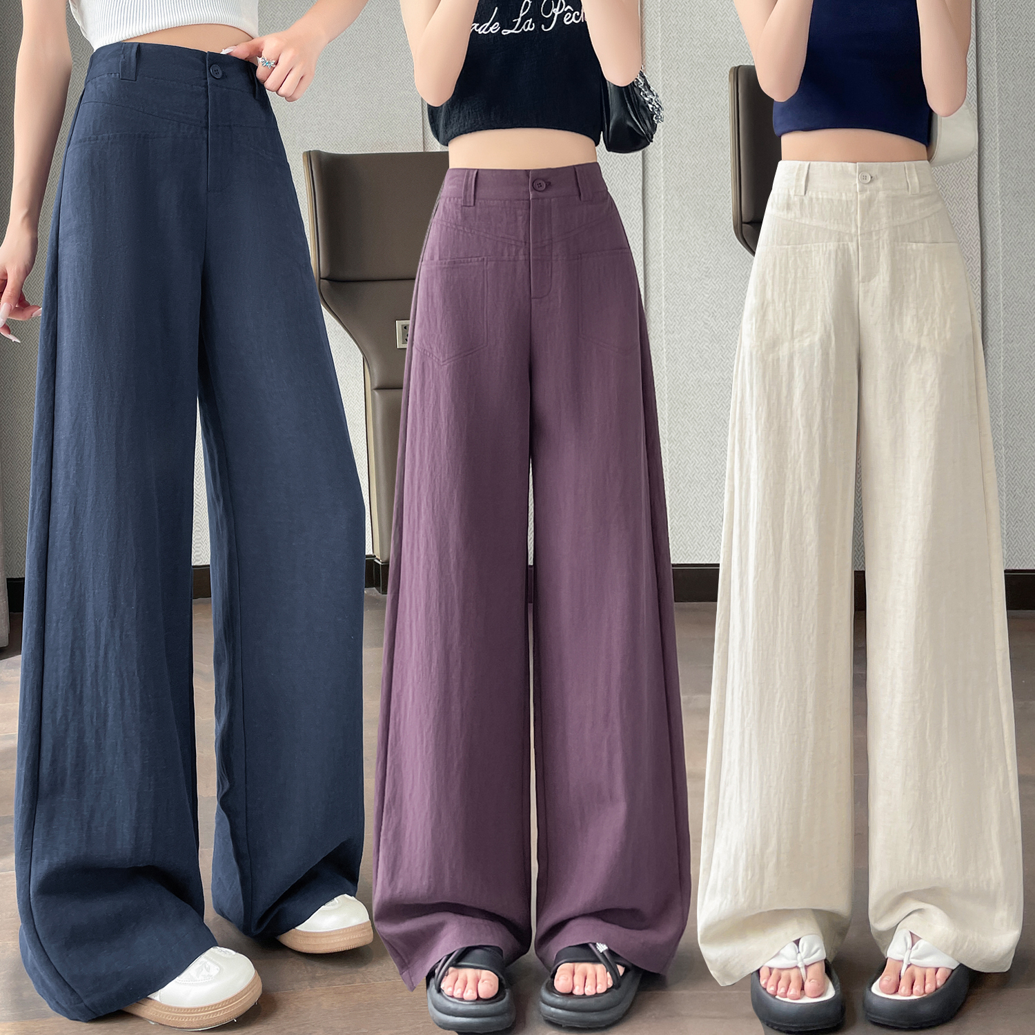 烏梅紫天絲亞麻闊腿褲女夏季薄款2026新款高腰寬松直筒垂墜西裝褲