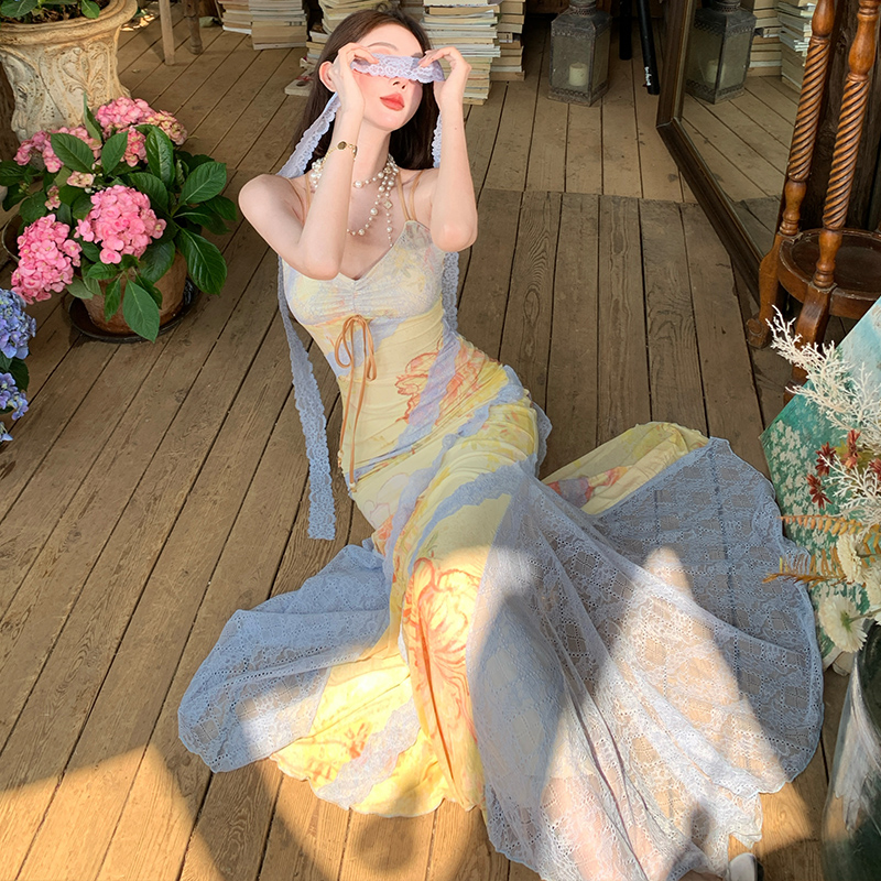 純欲碎花蕾絲魚尾吊帶連衣裙女夏度假絕美包臀裙子長裙