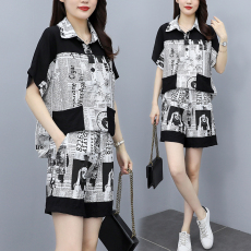 批发实拍 <b class='q'>夏</b>季新款时尚套装女 宽松印花摩登短袖两件套 潮流大码女装