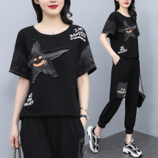 批发实拍 <b class='q'>夏</b>季新款时尚套装 宽松印花短袖两件套拼接牛仔休闲大码女装