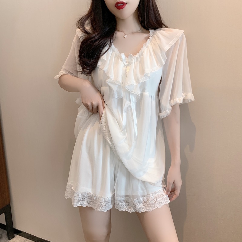 LN76146# 带胸垫仙女睡衣套装性感蕾丝拼接两件套外穿家居服
