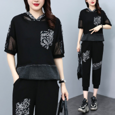 批发实拍 新款时尚套装女 宽松拼接牛仔连帽短袖两件套潮流大码女装