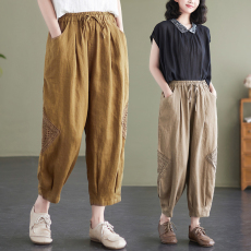 批发实拍2026春新款复古重工钩花棉麻松紧腰显瘦<b class='q'>哈伦</b><b class='q'>裤</b>文艺灯笼<b class='q'>裤</b>