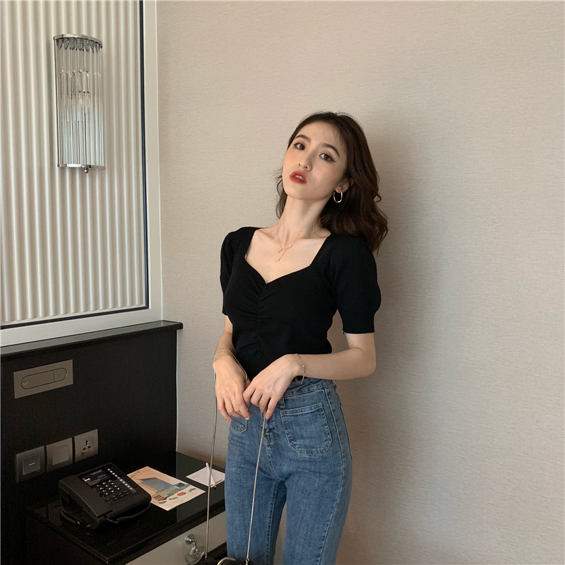 실사 정가 레트로 V넥 거품 소매 만나는 니트 스웨터