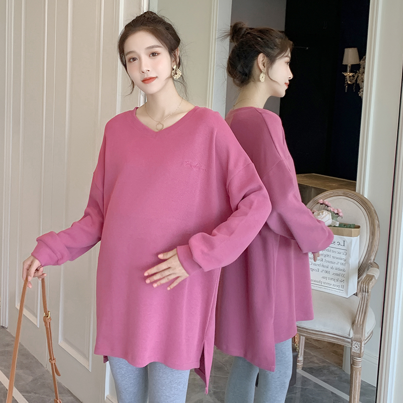 실사 2026 인터넷 유명인 가을 의상 새로운 임산부 중간 길이 티셔츠 200 kg 통통한 여동생 출산 착용 맨위