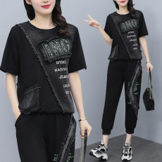 批发实拍 <b class='q'>夏</b>季时尚套装 潮流拼接牛仔短袖两件套宽松显瘦韩版大码女装