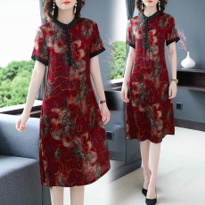 批发真丝桑蚕丝连衣裙女夏季新款高端香云纱宽松大码中年妈妈碎花裙子