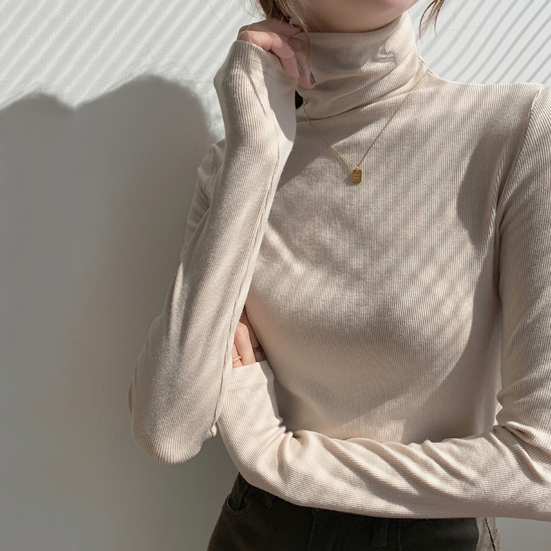 ~High neck base shirt, women's long sleeved thread and slimming Korean version versatile pile collar, inner pullover top_voghion.com