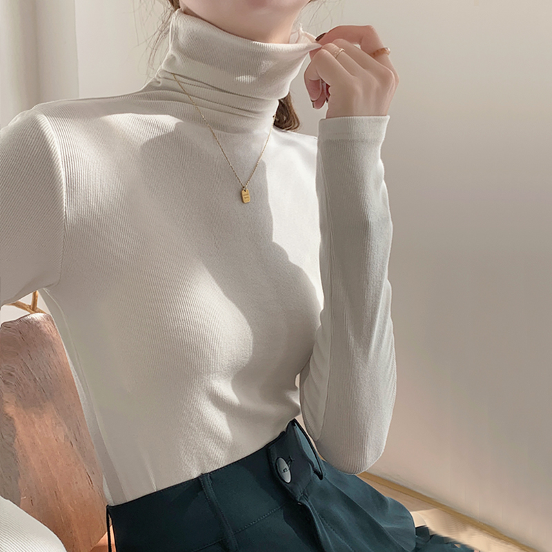 ~High neck base shirt, women's long sleeved thread and slimming Korean version versatile pile collar, inner pullover top_voghion.com