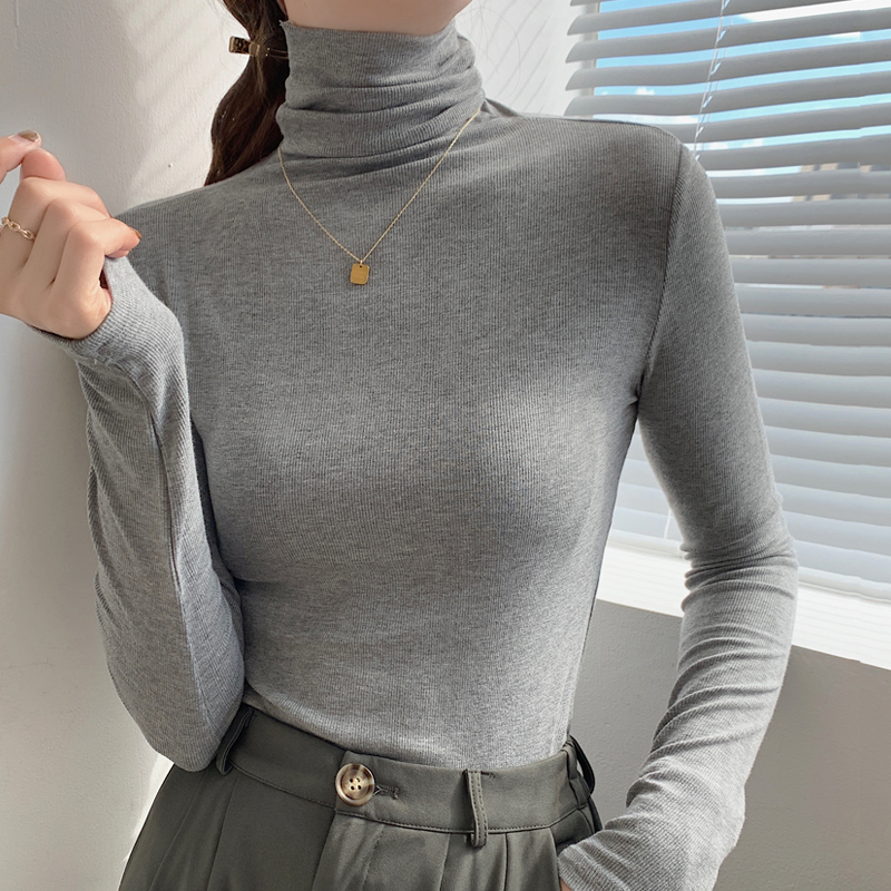 ~High neck base shirt, women's long sleeved thread and slimming Korean version versatile pile collar, inner pullover top_voghion.com