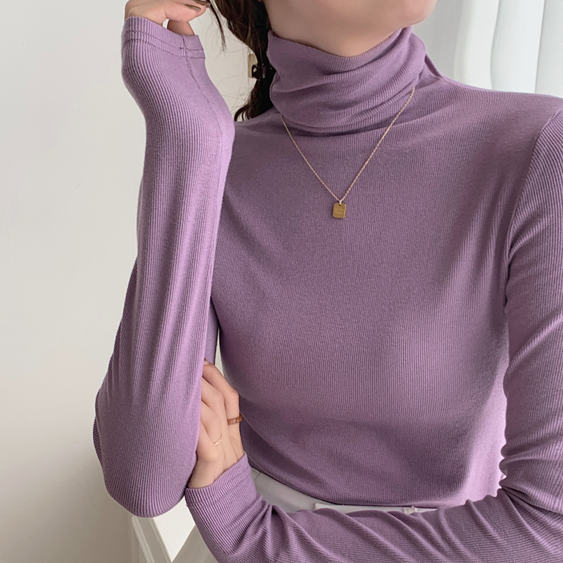 ~High neck base shirt, women's long sleeved thread and slimming Korean version versatile pile collar, inner pullover top_voghion.com