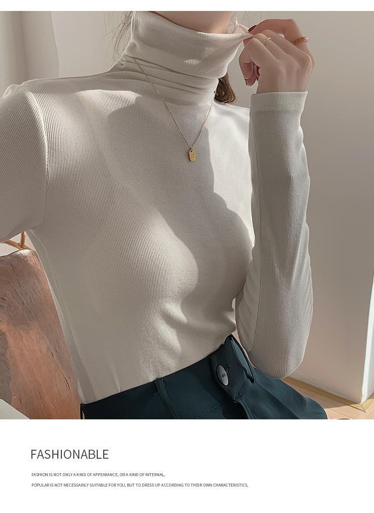 ~High neck base shirt, women's long sleeved thread and slimming Korean version versatile pile collar, inner pullover top_voghion.com