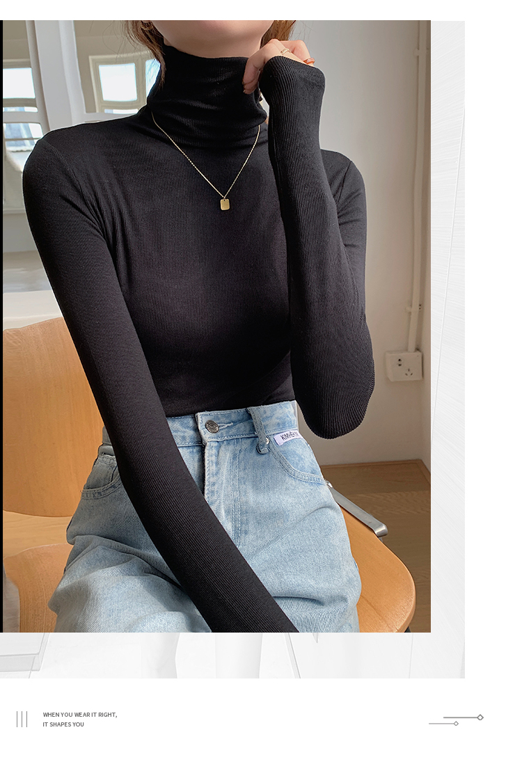 ~High neck base shirt, women's long sleeved thread and slimming Korean version versatile pile collar, inner pullover top_voghion.com