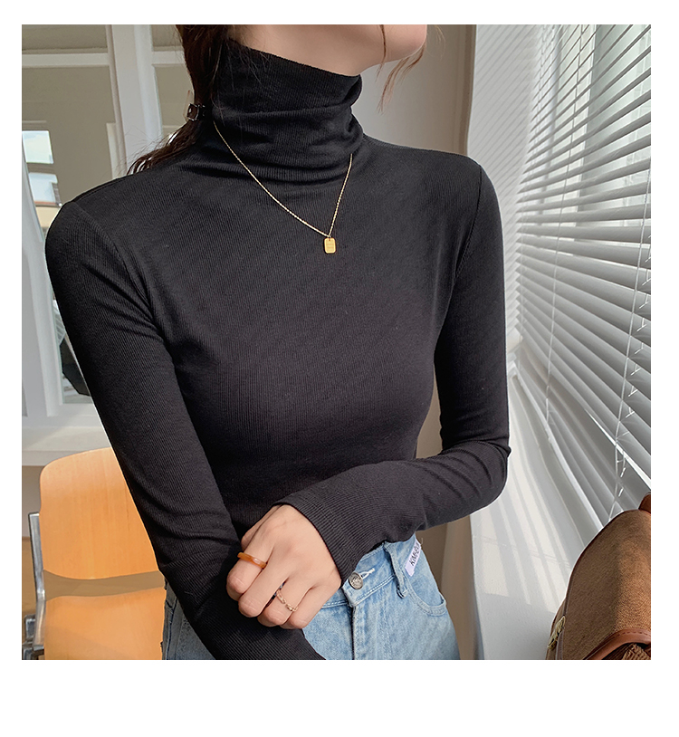 ~High neck base shirt, women's long sleeved thread and slimming Korean version versatile pile collar, inner pullover top_voghion.com