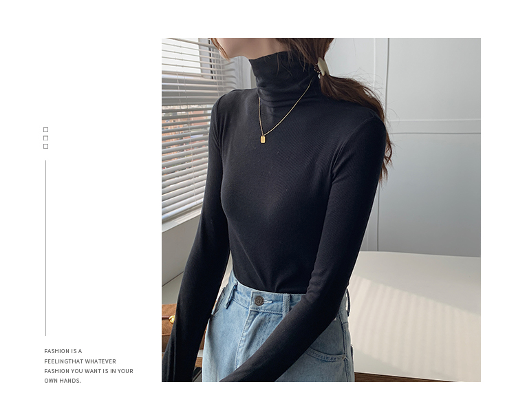 ~High neck base shirt, women's long sleeved thread and slimming Korean version versatile pile collar, inner pullover top_voghion.com