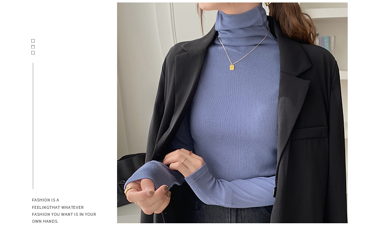 ~High neck base shirt, women's long sleeved thread and slimming Korean version versatile pile collar, inner pullover top_voghion.com