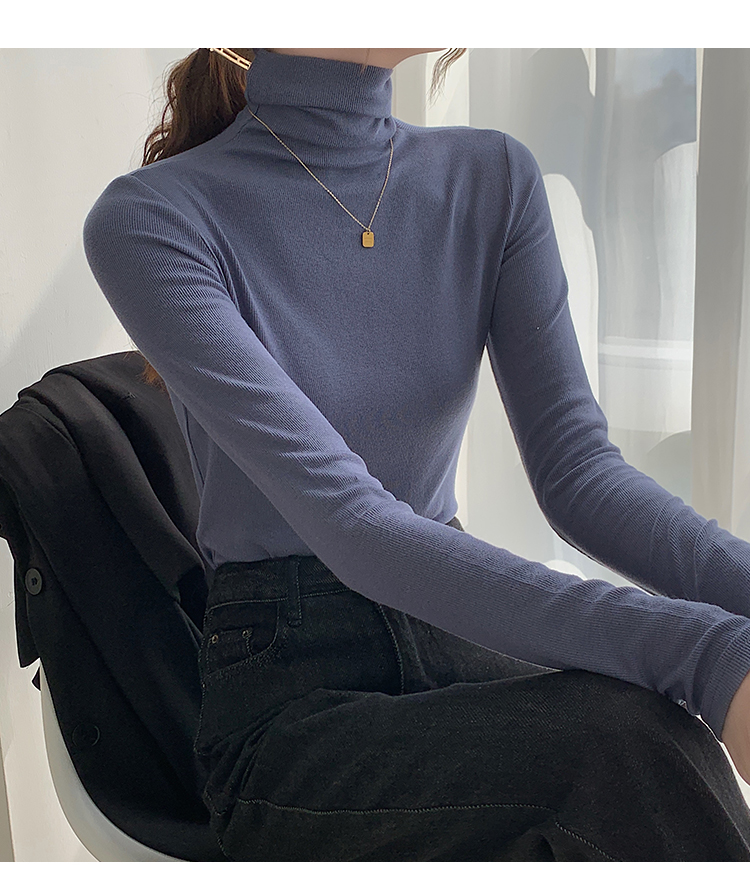 ~High neck base shirt, women's long sleeved thread and slimming Korean version versatile pile collar, inner pullover top_voghion.com