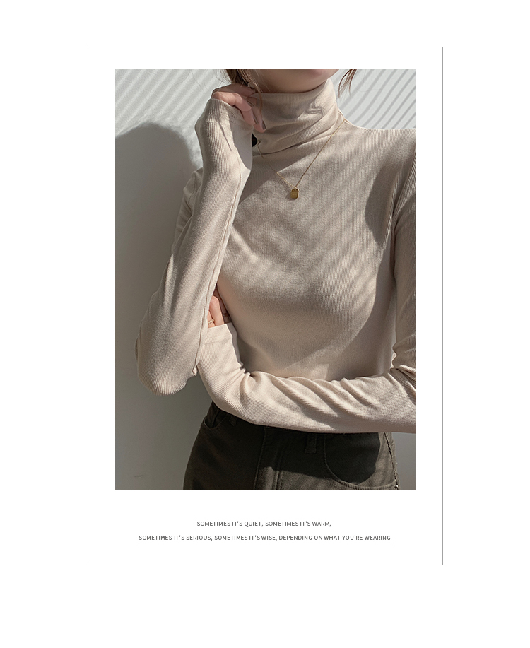 ~High neck base shirt, women's long sleeved thread and slimming Korean version versatile pile collar, inner pullover top_voghion.com