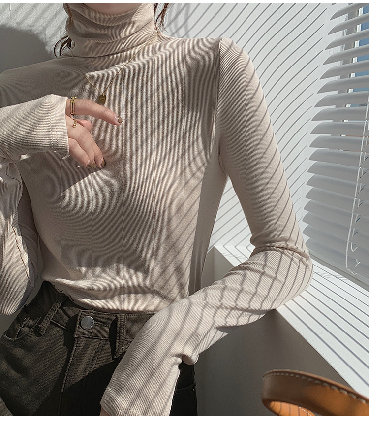 ~High neck base shirt, women's long sleeved thread and slimming Korean version versatile pile collar, inner pullover top_voghion.com