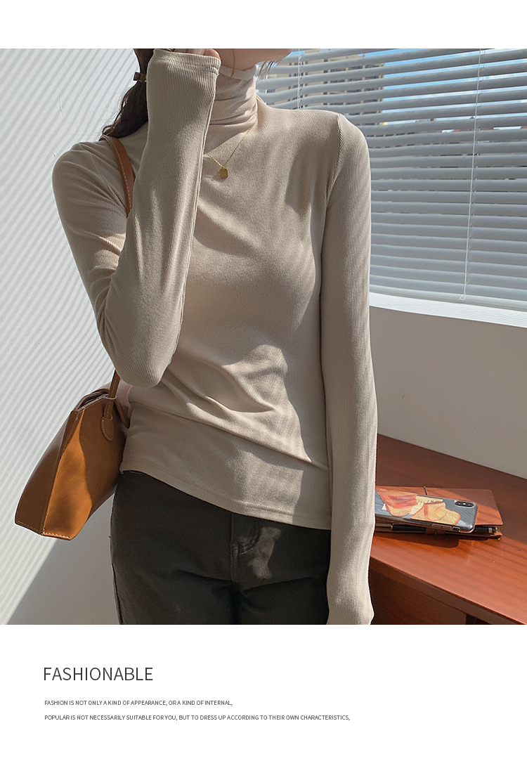 ~High neck base shirt, women's long sleeved thread and slimming Korean version versatile pile collar, inner pullover top_voghion.com