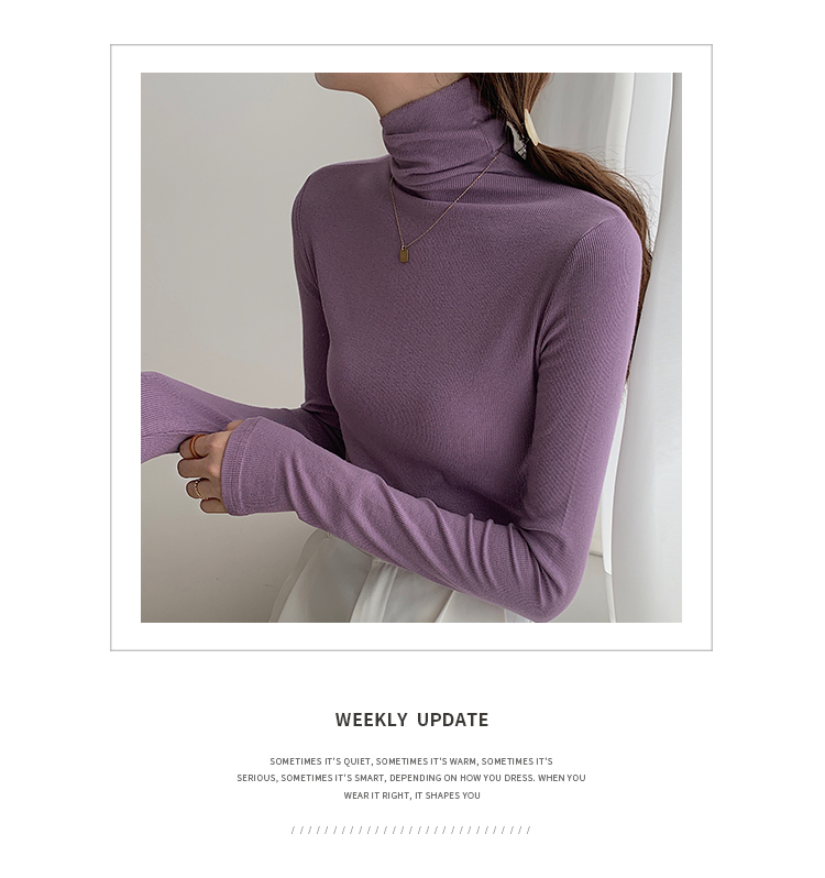 ~High neck base shirt, women's long sleeved thread and slimming Korean version versatile pile collar, inner pullover top_voghion.com