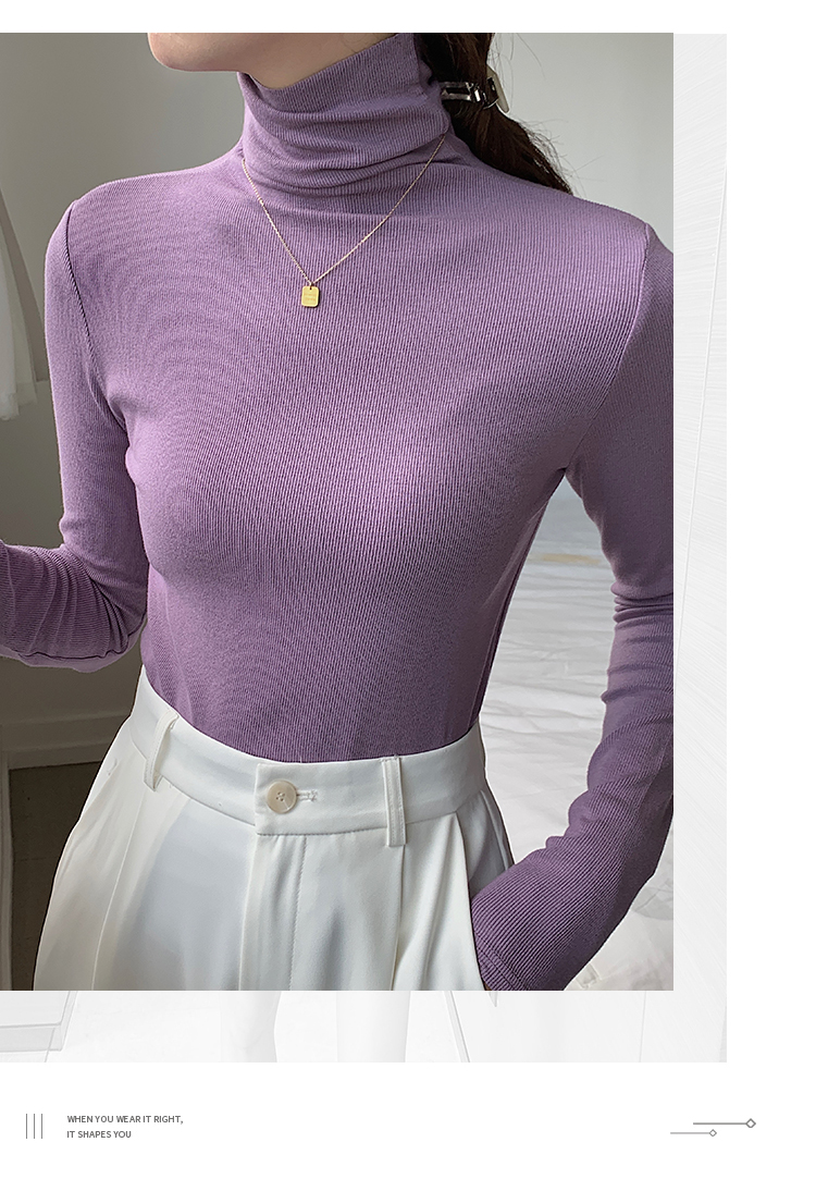 ~High neck base shirt, women's long sleeved thread and slimming Korean version versatile pile collar, inner pullover top_voghion.com