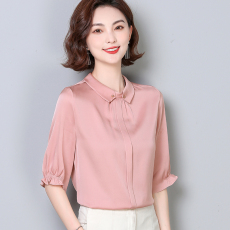 批发2025秋季新款丝绸缎面宽松舒适法式设计感桑蚕丝<b class='q'>中袖</b>小衫