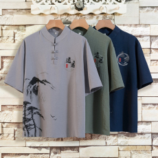 批发<b class='q'>中国风</b>两件套夏季短袖套装男士汉服衣服禅服唐装6分裤P45