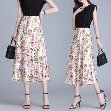 批发实拍真丝印花花半身裙<b class='q'>夏</b>大码高腰A字裙休闲百搭中长裙