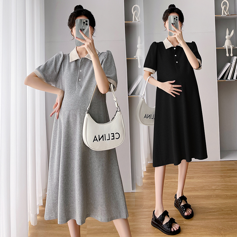실사 출산 착용 새로운 반팔 임산부 여름 드레스 폴로 칼라 중간 길이 루즈핏 슬림해 보이는 패션 품격 드레스