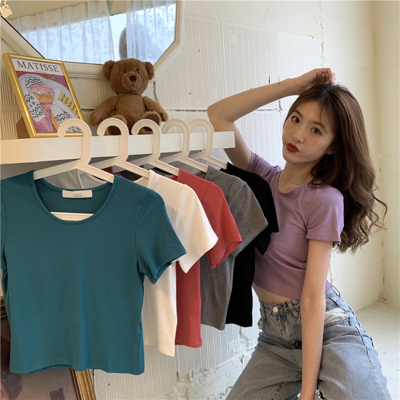 실사 정가 레트로 라운드 넥 쇼트 스타일 몸매 가꾸기 티셔츠 여성 만나는 하이웨이스트 반팔 맨위