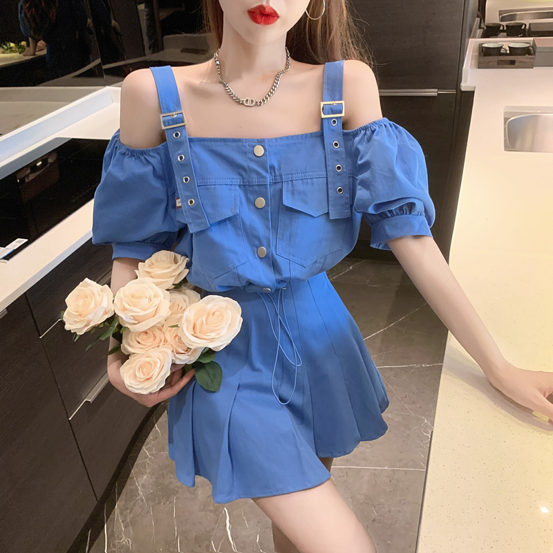 MY7418# 露肩吊带短款上衣衬衫高腰百褶半身裙两件套时尚套装女裝貨源服...