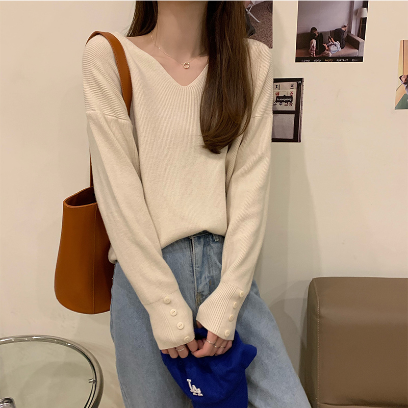 Autumn/Winter Korean loose V-neck long sleeved pullover knit sweater_voghion.com