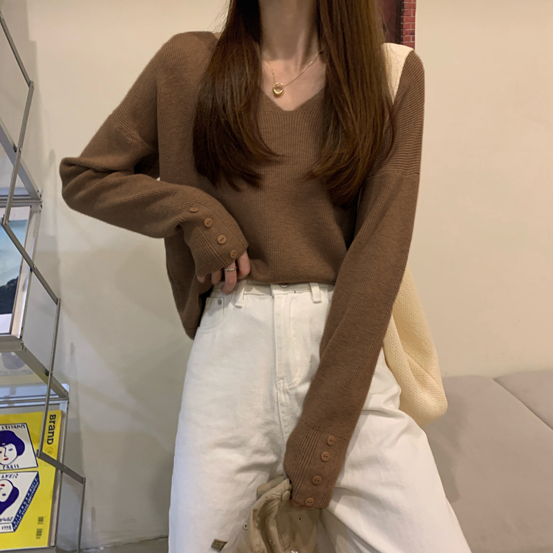 Herbst/Winter Koreanische lose V-ausschnitt langarm pullover stricken_voghion.com